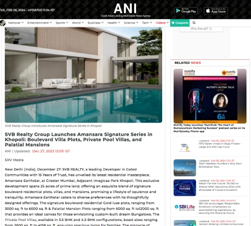 ANI's website featured in magazine SVB Realty launches Amansara Signature Series in Khopoli with Boulevard Villa Plots, Private Pool Villas, and Palatial Mansions